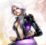  alternate_costume blue_eyes breasts christie_(doa) cleavage dead_or_alive fighting_stance gradient gradient_background lips navel no_bra nose purple_eyes scarf short_hair silver_hair solo underboob 