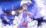  blonde_hair dress gap hair_ribbon highres long_hair long_sleeves parasol petals ribbon risutaru sky smile solo star_(sky) starry_sky table touhou tree tress_ribbon umbrella very_long_hair white_dress wide_sleeves yakumo_yukari yin_yang 