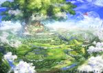  city cliff cloud dragon forest giant_tree landscape miyai_haruki moon mountain nature no_humans official_art river scenery sky tree water yggdrasil 