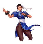  bad_id bad_pixiv_id bracelet brown_hair bun_cover china_dress chinese_clothes chun-li cropped_legs double_bun dress eyeshadow fighting_stance highres jewelry liyart makeup pantyhose pelvic_curtain sash solo spiked_bracelet spikes street_fighter 