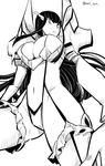  bangs boots breasts chichibu_(chichichibu) cleavage cleavage_cutout frills frown greyscale hair_ornament hairclip junketsu kill_la_kill kiryuuin_satsuki large_breasts long_hair monochrome navel revealing_clothes serious solo suspenders thigh_boots thighhighs twitter_username 
