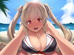  1girl beach blonde_hair breasts cleavage cum day ejaculation foreshortening hetero highres kantai_collection kloah large_breasts lens_flare long_hair looking_at_viewer murasame_(kantai_collection) paizuri palm_tree penis pov red_eyes solo_focus tree twintails 