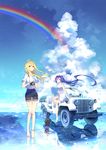  anklet bare_shoulders barefoot blonde_hair boots boots_removed brown_footwear camera car cloud day dress ground_vehicle hair_ribbon jeep jewelry legs long_hair mimosa_(mimosa1989) motor_vehicle multiple_girls on_liquid original ponytail purple_eyes purple_hair rainbow red_eyes reflection ribbon ripples shoes shoes_removed shorts single_shoe sky very_long_hair water 