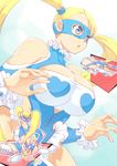  ass bare_shoulders blonde_hair blue_eyes blue_leotard boots breasts cleavage cleavage_cutout highres large_breasts leotard mask rainbow_mika solo street_fighter tami_shichi twintails wrestling_outfit 