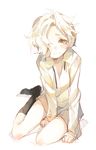  black_legwear bottomless freckles gokotai hair_over_one_eye kneehighs male_focus open_clothes open_shirt shirt shuzi sitting solo tears touken_ranbu white_hair yellow_eyes yokozuwari 