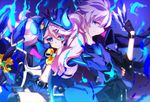  1girl belt between_fingers blue blue_background blue_eyes blue_shirt blue_shorts brooch chiliarch_(elsword) ciel_(elsword) claws coat cravat dagger dreadlord_(elsword) elsword holding holding_dagger holding_weapon hood horns jacket_on_shoulders jewelry long_hair luciela_r._sourcream multicolored_hair navel pink_hair pointy_ears shirt shorts smile symbol-shaped_pupils twintails weapon white_hair yamai_fake 