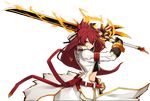  belt black_gloves blazing_heart_(elsword) coat elesis_(elsword) elsword fingerless_gloves gloves half_updo highres long_hair midriff official_art red_eyes red_hair ress smile solo sword transparent_background weapon 