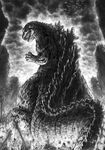  back building city claws destruction dinosaur fangs fire giant godzilla godzilla_(series) kaijuu long_image looking_at_viewer looking_back monochrome monster no_humans open_mouth roaring scales solo spikes standing tail tatsuya_(atelier_road) toho_(film_company) 