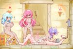  1boy 3girls aoihitsuji barefoot bdsm blue_hair blush breasts chest cum cum_in_pussy drink femdom girl_on_top gray_hair hand_on_hip large_breasts multiple_girls open_mouth pink_hair purple_hair rape red_eyes sex silver_hair sitting stairs standing text vaginal 