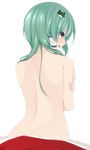  :d back blue_eyes breasts chimunge crossed_arms frog_hair_ornament green_hair hair_ornament highres kochiya_sanae looking_at_viewer medium_breasts nude open_mouth sideboob smile solo touhou 