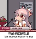  &gt;:( 1girl bangs bouquet bow chibi chinese_commentary chinese_text commentary_request english_text eyebrows_visible_through_hair flower fujiwara_no_mokou hair_between_eyes hair_bow long_hair lowres news pink_flower pink_hair puffy_short_sleeves puffy_sleeves red_eyes red_flower shangguan_feiying shirt short_sleeves solo speaker suspenders touhou translation_request upper_body v-shaped_eyebrows very_long_hair white_bow white_shirt 