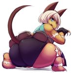  animal_humanoid big_butt blue_eyes butt cat_humanoid claws clothing dark_skin feline female fingerless_gloves gloves hair huge_butt humanoid looking_back mammal ms._fortune open_mouth overweight scar skullgirls solo trinity-fate62 white_hair 