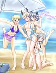  4girls animal_ears aurora_e_juutilainen barefoot beach bikini blonde_hair blue_eyes blush breasts eila_ilmatar_juutilainen grey_hair large_breasts long_hair multiple_girls nikka_edvardine_katajainen open_mouth purple_eyes russian sanya_v_litvyak short_hair soles strike_witches swimsuit white_hair yane_ue_no_tabibito yuri 