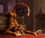  2015 anthro bed bedroom black_fur black_stripes butt carpet crawling feline fireplace fur green_eyes hax_(artist) inside lying male mammal nude on_front one_eye_closed orange_fur painting pawpads shaded solo striped_body tiger white_fur window 