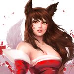  ahri animal_ears breasts brown_hair cleavage detached_sleeves fox_ears fox_tail jang_ju_hyeon korean_clothes large_breasts league_of_legends lips long_hair parted_lips solo tail yellow_eyes 
