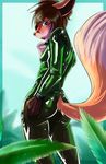  bodysuit canine clothing fox green_eyes hair leaves long_hair male mammal rubber rubber_suit shiny skinsuit solo 