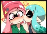  /\/\/\ 2girls badge beanie black_border blue_hair blush border button_badge cheek_kiss closed_eyes domino_mask eromame eyebrows eyebrows_visible_through_hair fang hand_on_another's_shoulder hat hood hoodie inkling kiss long_hair mask multiple_girls nose_blush pink_eyes pink_hair pointy_ears splatoon_(series) splatoon_1 surprise_kiss surprised sweat tentacle_hair twitter_username yuri zipper 