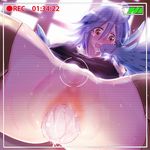  ahoge blue_hair blue_wings blush breasts clitoris covered_nipples egg egg_laying feathered_wings feathers foreshortening harpy highres himegumo monster_girl monster_musume_no_iru_nichijou open_mouth orange_eyes papi_(monster_musume) pov pussy recording small_breasts solo viewfinder wings 