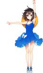  arm_up armpits bare_legs blue_dress blue_eyes bow brown_hair dress frills full_body hat highres looking_at_viewer mika_pikazo multicolored_hair original shoes short_hair smile sneakers solo standing straw_hat transparent_background v wristband 