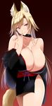  animal_ears black_background blonde_hair breasts choker cleavage finger_to_mouth fox_ears fox_tail gradient gradient_background highres huge_breasts kloah long_hair red_background red_eyes smile solo tail thighs 