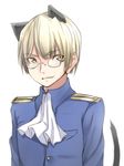  amai_nekuta animal_ears ascot blonde_hair cat_ears commentary epaulettes genderswap genderswap_(ftm) glasses male_focus perrine_h_clostermann simple_background smirk solo strike_witches tail uniform upper_body white_background world_witches_series yellow_eyes 