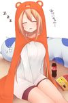  1girl akky_(akimi1127) animal_hood between_legs blush brown_hair casual closed_legs doma_umaru eyes_closed female hamster_costume hand_between_legs himouto!_umaru-chan hood light_brown_hair long_hair necolumbus nekoronbusu pink_shorts shorts simple_background sitting sleeping soda_bottle solo stuffed_animal stuffed_toy very_long_hair 