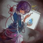  brain_freeze eyeball eyebrows hairband heart komeiji_satori migi_tonari one_eye_closed open_mouth purple_eyes purple_hair shaved_ice short_hair solo spoon thick_eyebrows third_eye tongue tongue_out touhou 