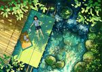  bare_legs barefoot blue_skirt brown_hair closed_eyes from_above kemi_neko lying moss on_back original outdoors outstretched_arms paper pleated_skirt scenery shirt short_hair short_sleeves skirt solo stream tree tree_shade water white_shirt 