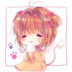  bad_id bad_pixiv_id brown_hair cardcaptor_sakura closed_eyes cosplay food fusion hair_bobbles hair_ornament ice_cream kero kero_(cosplay) kinomoto_sakura licking paw_print rukako short_hair short_twintails sitting solo tail twintails wings 