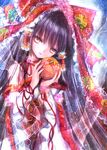  ball black_hair bow brown_eyes detached_sleeves embellished_costume hair_bow hair_tubes hakurei_reimu himemurasaki holding long_hair looking_at_viewer neck_ribbon ribbon solo touhou wrist_ribbon 