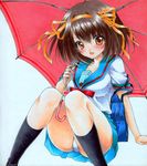  bangs blue_skirt brown_eyes brown_hair hairband kita_high_school_uniform marker_(medium) millipen_(medium) orange_hairband panties pantyshot pantyshot_(sitting) pastel_(medium) ren_(endscape20) school_uniform serafuku short_hair sitting skirt solo suzumiya_haruhi suzumiya_haruhi_no_yuuutsu traditional_media umbrella underwear white_panties 