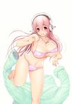  absurdres barefoot bikini breasts curvy headphones highres huge_breasts jacket jacket_removed jewelry long_hair nitroplus open_mouth pink_hair red_eyes scared simple_background solo super_sonico swimsuit tsuji_santa wide_hips 