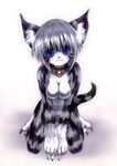  anthro bell bell_collar blue_eyes blush breasts cat claws collar cute feline female fur grey_fur hair karin looking_at_viewer mammal nipples nude short_hair solo striped_fur stripes whiskers white_hair young 