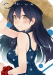  ahoge black_hair blue_swimsuit blush breasts hand_on_headwear hat highres kantai_collection kou_mashiro long_hair looking_at_viewer medium_breasts one-piece_swimsuit polka_dot polka_dot_swimsuit scrunchie smile solo straw_hat swimsuit ushio_(kantai_collection) wrist_scrunchie 