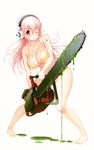  absurdres barefoot bikini blush breasts chainsaw frown full_body headphones highres large_breasts long_hair nitroplus one_eye_closed pigeon-toed pink_hair red_eyes scan simple_background slime solo super_sonico swimsuit tsuji_santa weapon 