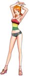  1girl 3d breasts feet legs midriff nami_(one_piece) one_eye_closed one_piece one_piece:_pirate_warriors orange_hair pigtails sandals short_shorts short_twintails simple_background smile solo toes twintails wink winking 