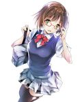  adjusting_eyewear bag bow brown_hair brown_legwear glasses green_eyes idolmaster idolmaster_cinderella_girls kikurage_(plastic_people) looking_at_viewer maekawa_miku open_mouth red-framed_eyewear school_bag shirt shoulder_bag skirt smile solo sweater_vest thighhighs zettai_ryouiki 