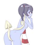  1girl ass blue_skin breasts long_hair looking_back nude red_eyes side_ponytail simple_background skullgirls small_breasts solo squigly_(skullgirls) stitched_mouth zombie 