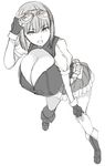  boots breasts cleavage fingerless_gloves gigantic_breasts gloves goggles grin highres kloah looking_at_viewer monochrome short_hair simple_background smile solo thighs white_background 