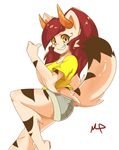  animal_humanoid anthro breasts clothing female fur hair horn humanoid looking_at_viewer murakumo-tigerx orange_eyes red_hair shorts simple_background smile solo teeth unknown_species white_background yellow_sclera 