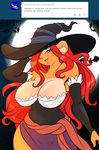 ambar anthro bear big_breasts blue_eyes blush breasts brown_fur chalo clothed clothing cosplay dragon&#039;s_crown dress facial_markings female fur hair hat huge_breasts las_lindas long_hair looking_at_viewer magic_user mammal markings open_mouth red_hair smile solo sorceress_(dragon&#039;s_crown) text video_games witch_hat 