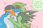  &lt;3 blush clawlion english_text hug male mega_evolution mega_sceptile mega_swampert nintendo pok&eacute;mon simple_background text video_games 