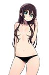  ass_visible_through_thighs black_panties blush breasts brown_hair chan_co collarbone contrapposto cowboy_shot earrings green_eyes hair_censor hair_over_breasts hand_up idolmaster idolmaster_cinderella_girls jewelry long_hair looking_at_viewer medium_breasts navel panties parted_lips shibuya_rin simple_background solo standing topless underwear underwear_only white_background 