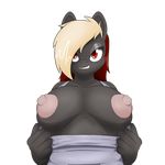  anthro areola big_breasts big_nipples black_fur breasts equine eyelashes fan_character female flashing fur hair horse looking_at_viewer mammal multicolored_hair my_little_pony nipples pony quin-nsfw red_eyes red_hair shirt_down smile teeth white_hair 