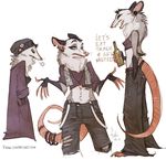  alcohol beverage bottle breasts button clothed clothing ear_piercing english_text facial_piercing female food fukari hat jacket mammal marsupial midriff multiple_scenes nose_piercing opossum piercing side_view small_breasts solo teeth text 