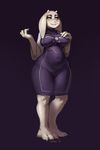 1girl 2015 barefoot belly blush breasts caprine chubby claws covered_navel curvy erect_nipples female goat goat_ears goat_girl hand_on_breast horn horns large_breasts mammal monster navel plump smile solo thick_thighs tight_dress toriel triuni undertale yellow_eyes 