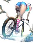  ass baseball_cap bicycle bird fur_trim ground_vehicle guratan hat kneehighs medium_hair midriff original riding short_shorts shorts silver_hair simple_background solo striped striped_legwear wristband 