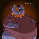  1_eye 2018 5_fingers :3 animate_inanimate anthro belly big_belly biped black_eyes black_nails black_nose blue_fur brown_background button_(fastener) capcom cat clothed clothing colored_nails crossover darkner deltarune dialogue digital_drawing_(artwork) digital_media_(artwork) empty_eyes english_text feline front_view fur half-length_portrait hands_on_belly humanoid_hands hyper hyper_belly inner_ear_fluff lighting living_plush male mammal merchant_(resident_evil) moobs multicolored_fur obese obese_male open_mouth open_smile orange_fur oscarvanderhof overweight overweight_male parody plushie portrait resident_evil seam_(deltarune) shadow simple_background smile solo standing stitches text two_tone_fur video_games 