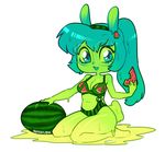  2015 blue_eyes blue_hair cleavage clothed clothing eyewear female glasses goo green_hair hair hairband kneeling lagomorph looking_at_viewer mammal open_mouth rabbit simple_background slime smile solo stickii swimsuit watermelon white_background xenthyl 