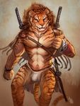  abs bulge cheetahpaws clothed clothing feline half-dressed male mammal melee_weapon muscles necktie paws pecs sword tiger weapon wristband 